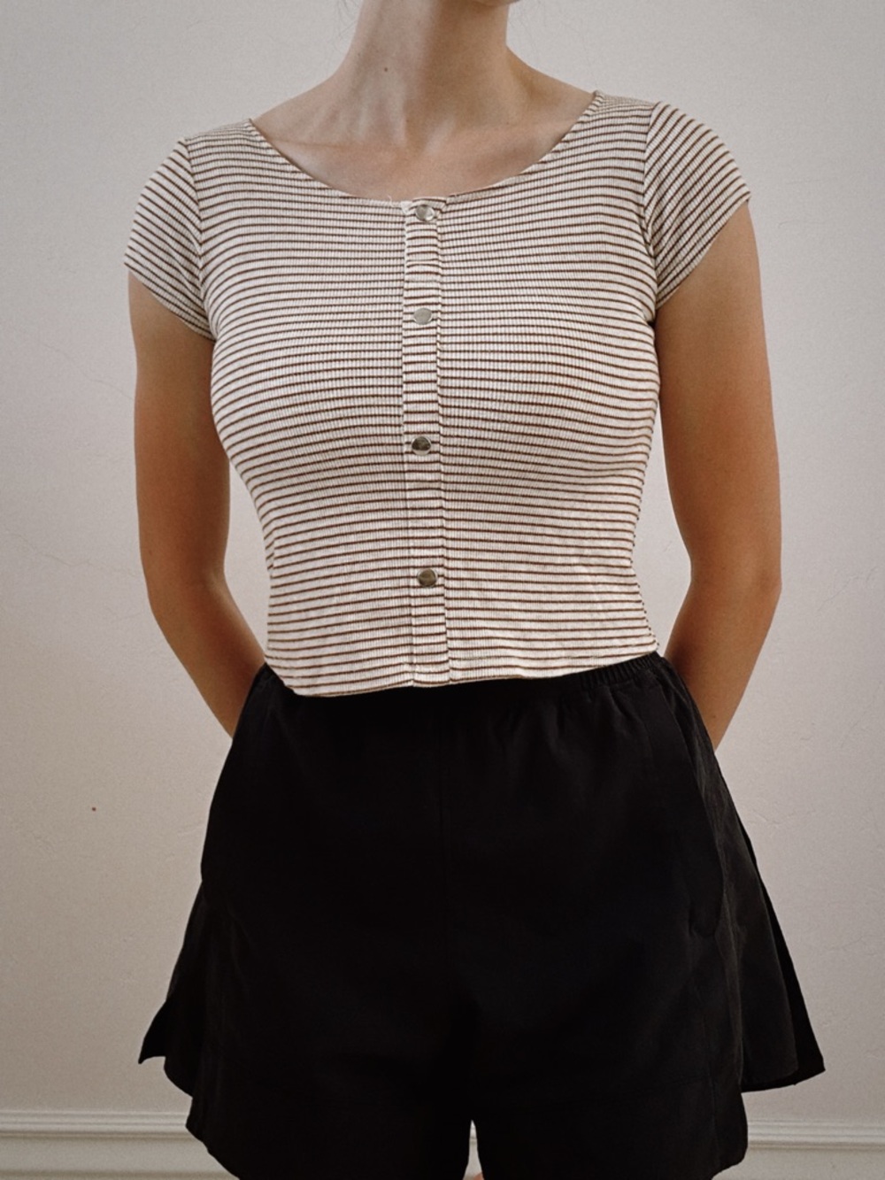 Brown Striped Ribbed Baby Tee - Y2K Style Button Front Crop Top - M